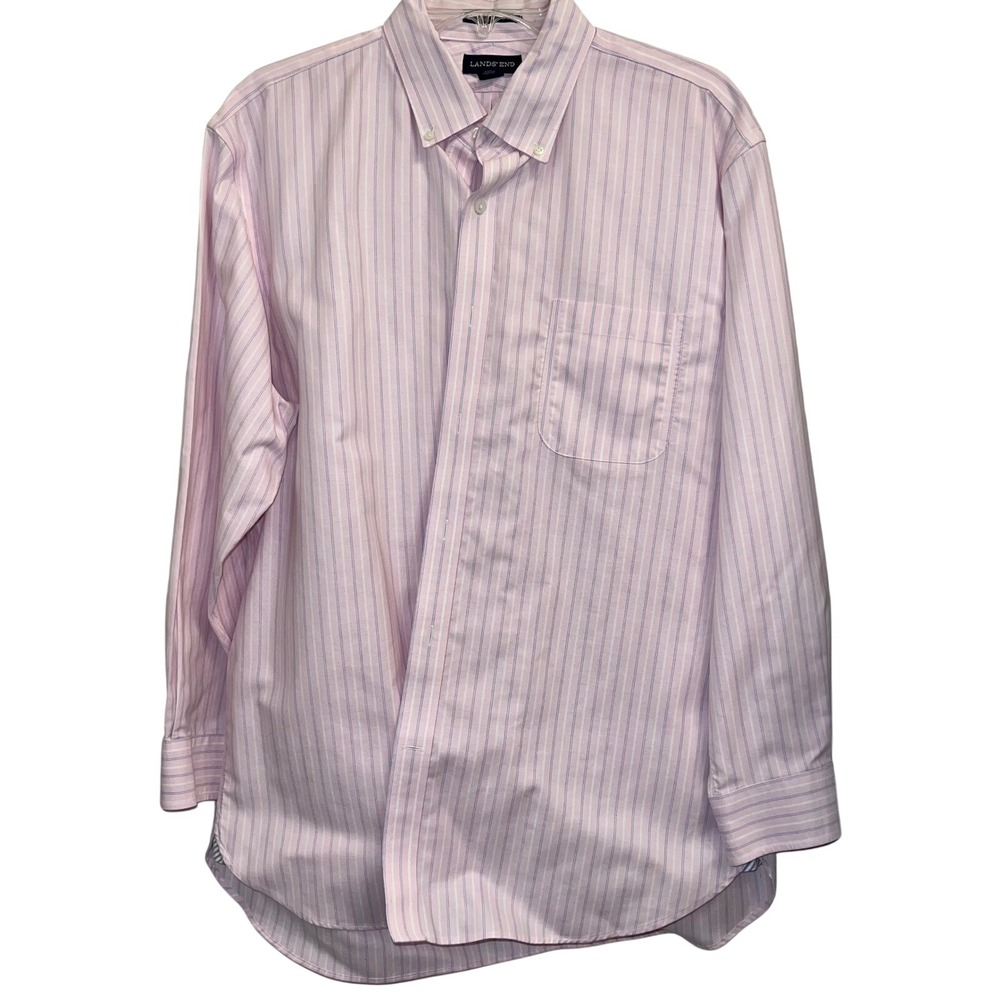 Lands End Mens Supima No Iron Oxford Shirt Pink Blue Stripe Tailored Fit 17-33